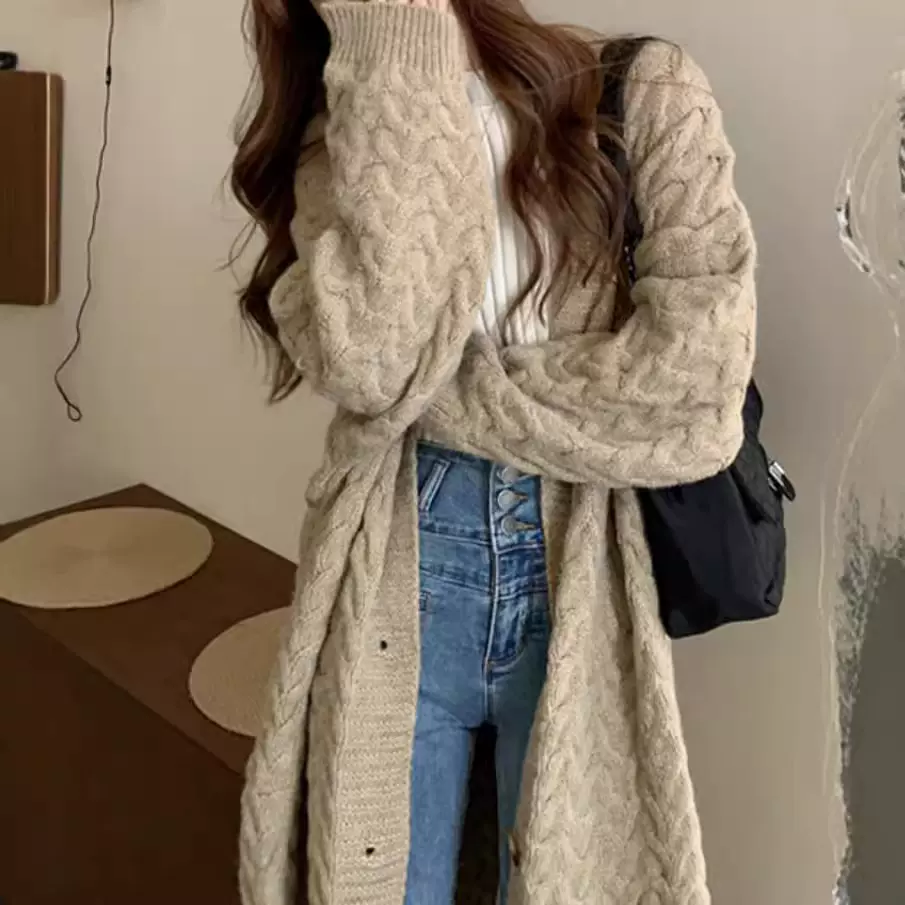 韩版麻花慵懒风大码外套胖妹妹宽松中长款针织开衫毛衣女装秋冬款