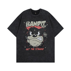 TKPA美式vintage卡通印花做舊重磅半袖T恤嘻哈復古小領口短袖tee