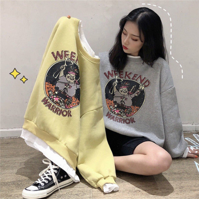 Thin/Fleece-lined 2024 Spring and Autumn New Fake Two-piece Sweatshirt Women's Printed Loose Korean-style All-match Ins Jacket Women's Trendy