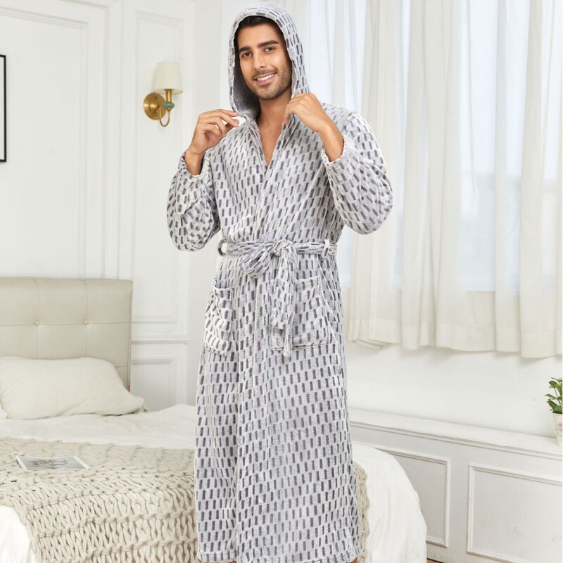 Men's Thick Fleece Long Bathrobe, Soft and Warm, Full-Length Shawl Collar Loungewear Pajamas, Plaid Pattern, Sizes S-Xxl