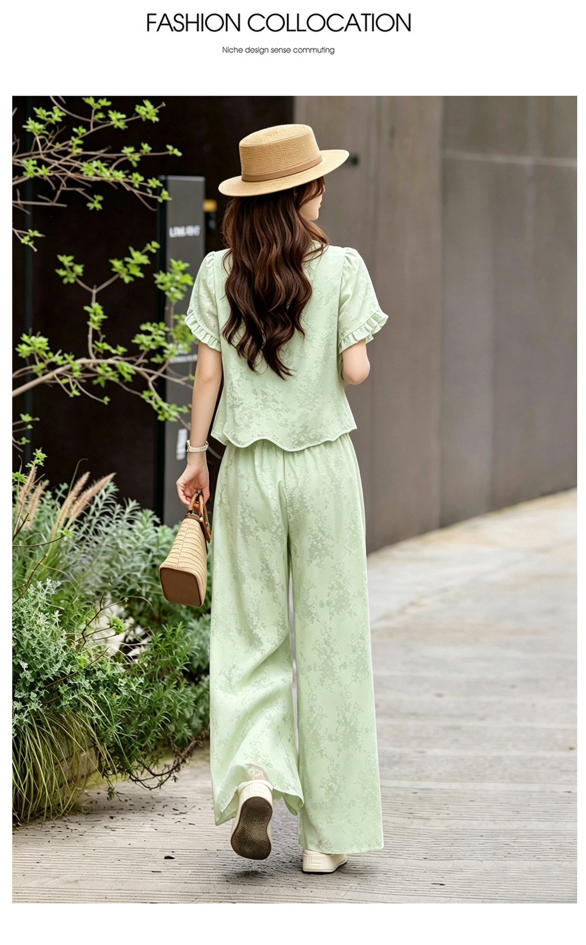 Bộ áo sơ mi họa tiết jacquard kết hợp quần ống rộng cạp thun hai mảnh thời trang — Vàng kem, xanh lá cây chi tiết 17