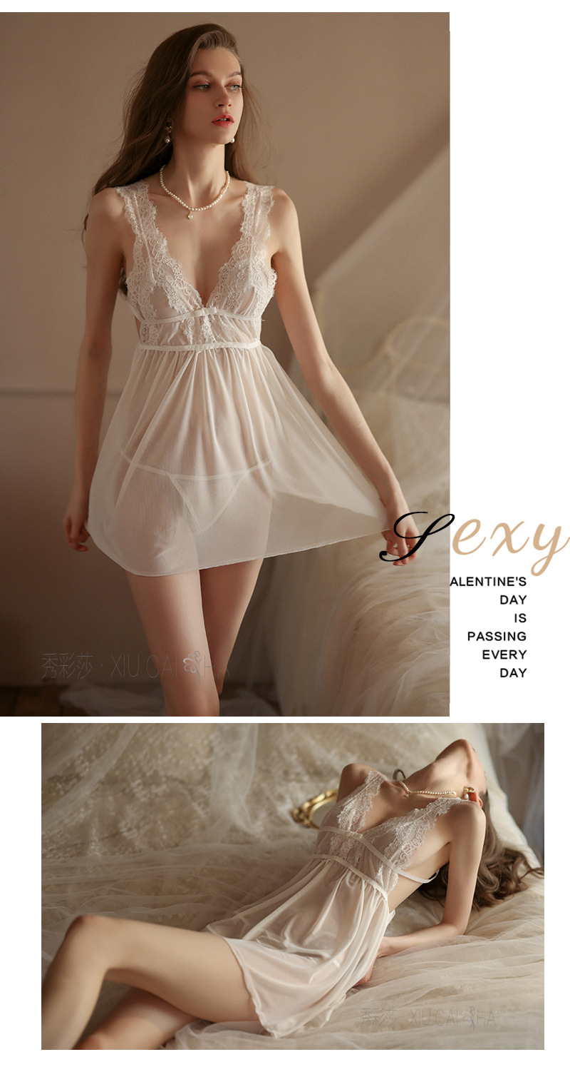 Wine-Red Lace Mesh Babydoll Nightgown with Short Skirt Design, See-Through Wholesale Lingerie — detail image 14