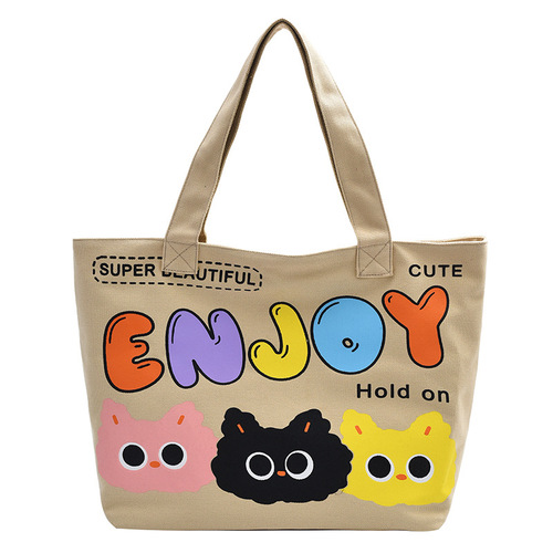 可爱卡通帆布单肩包包女字母印花托特包大容量通勤手提女包学生包