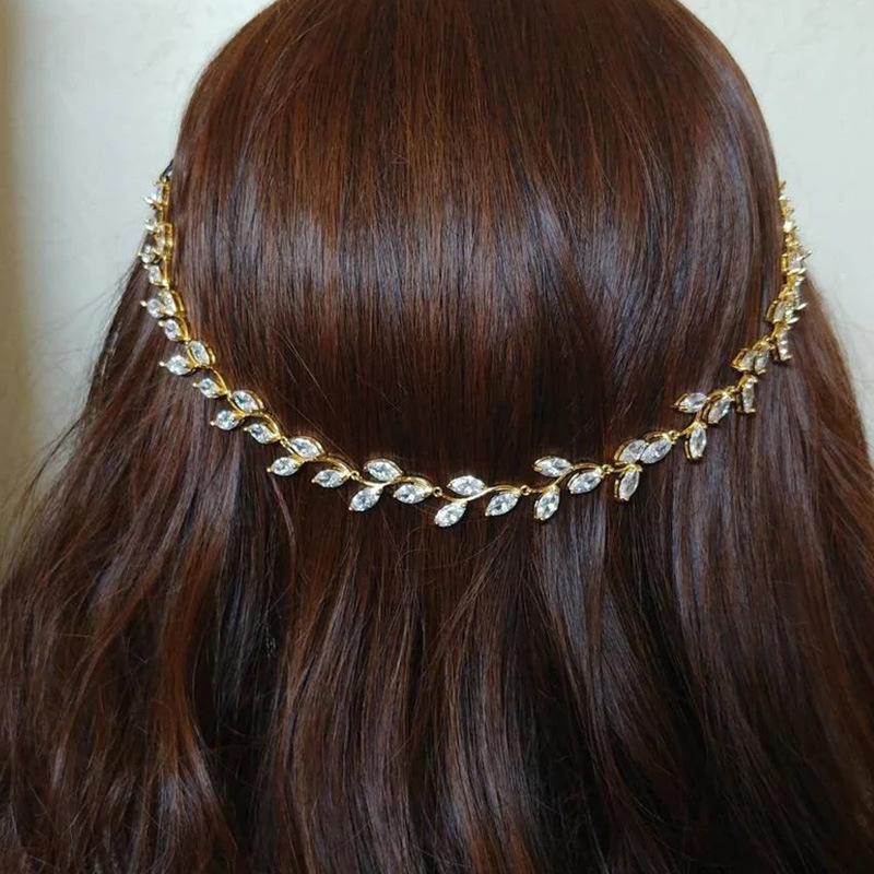 hot sale leaf zircon head ornaments exquisite simple bride zircon headband headdress female Headband_voghion.com