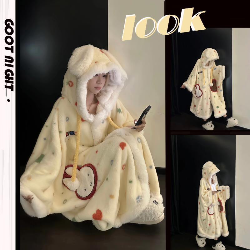 Cartoon Miffy Rabbit Nightgown for Women Winter 2025 New Coral Fleece Thickened Cape Pajamas Homewear Set