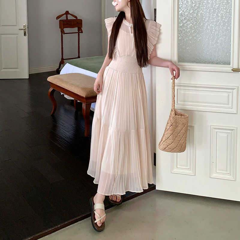 Gentle Waist-Cinching [Miss Saeko] French-Style Flutter-Sleeve Dress for Women, Summer Sleeveless Elegant Long Dress for Petite Figures