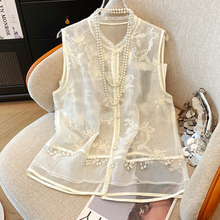 New Chinese Style National Style Yarn Embroidered Vest Women's Summer Thin Heavy Industry Embroidered Round Neck All-match Waistcoat