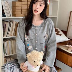 带胸垫睡衣女秋冬季甜美可爱羊绒蚕丝长袖长裤保暖少女家居服套装