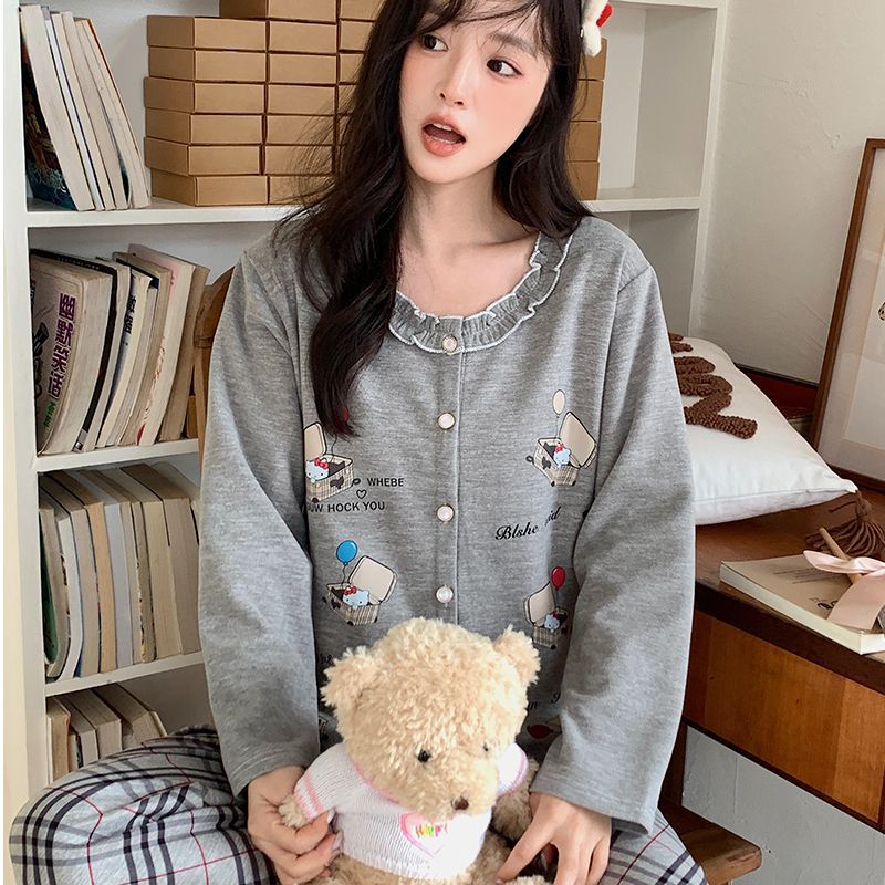 带胸垫睡衣女秋冬季甜美可爱羊绒蚕丝长袖长裤保暖少女家居服套装|undefined