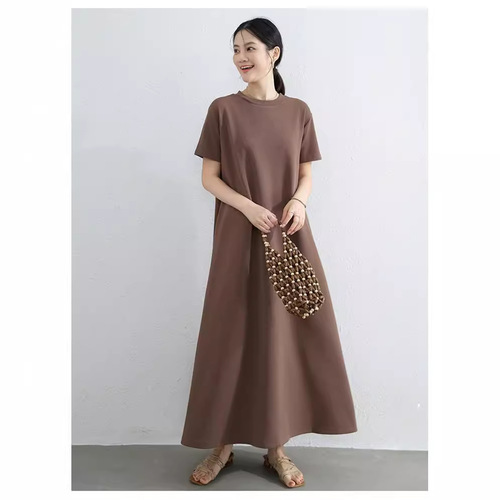 Summer and Spring Japanese Plus Size Thin Short-Sleeve Long Dress Loose Round Neck A-Line Skirt Women Solid Color Knee-Length Outer Dress