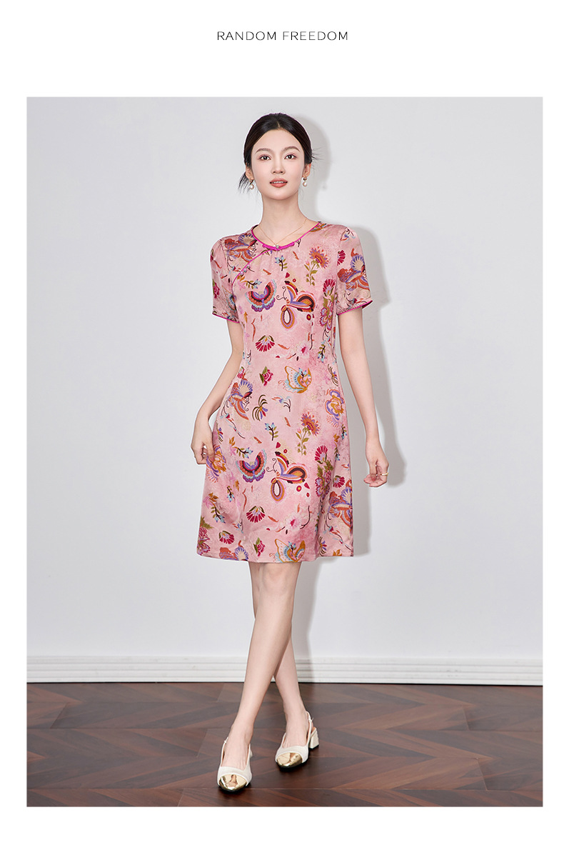 Váy sườn xám cách tân jacquard phong cách Trung Quốc chất liệu sợi mây thơm, dáng suông thắt eo, tay ngắn mùa hè — Màu xanh lam chi tiết 10