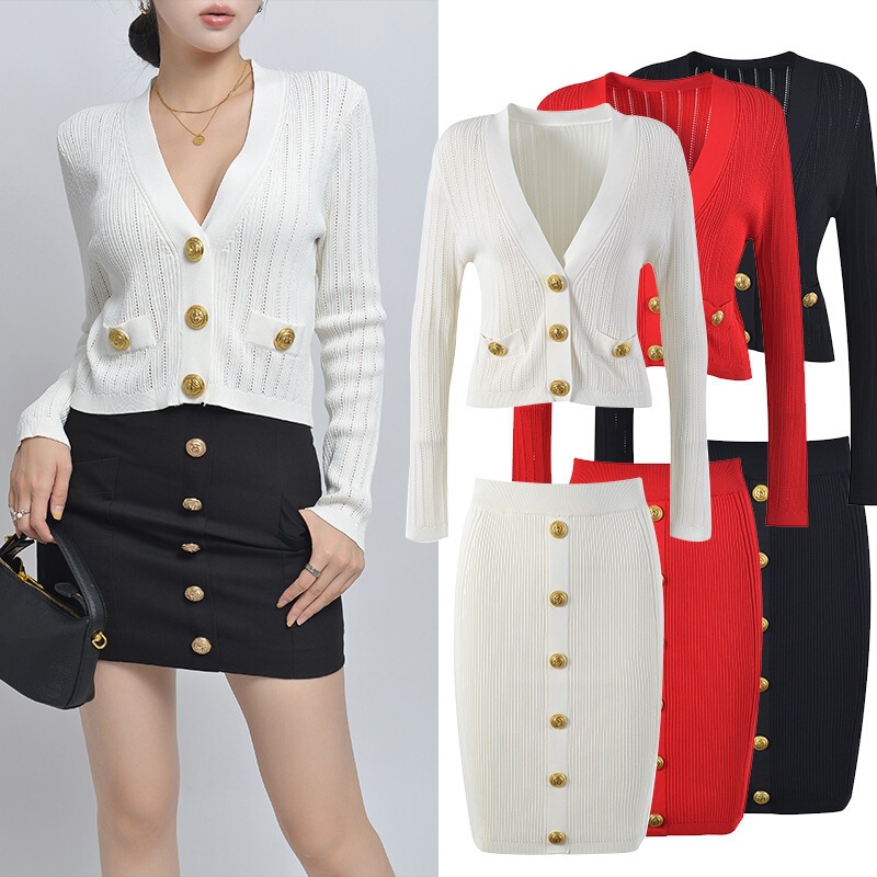 2025 early autumn new style elegant Chanel-inspired thin hollow-out vertical ribbed gold-button knit cardigan and skirt set