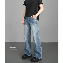 2025春季美式高街扎花闪电裂纹水洗半松紧牛仔裤男直筒微喇裤子