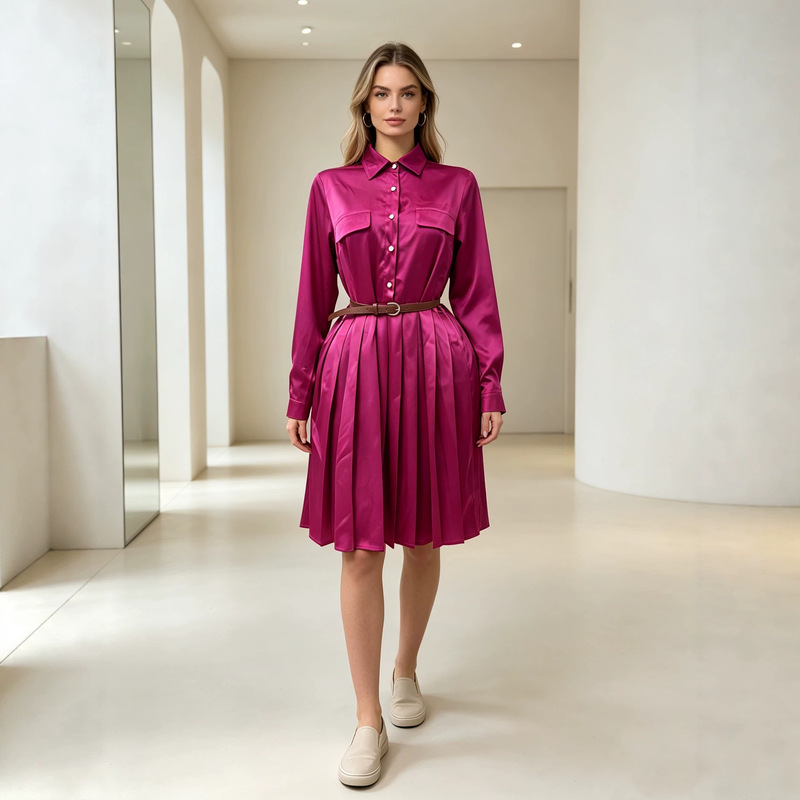 Rose red satin shirt dress for women, long-sleeved pleated dress, waist-cinching, slimming, elegant and fashionable, 2026 new model Rose red satin shirt dress for women, long-sleeved pleated dress, waist-cinching, slimming, elegant and fashionable, 2026 new model
