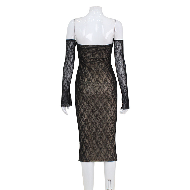 Summer Pure Sexy Lace Tube Top Hip Waist Controlled Sexy Dress with Oversleeves for Women