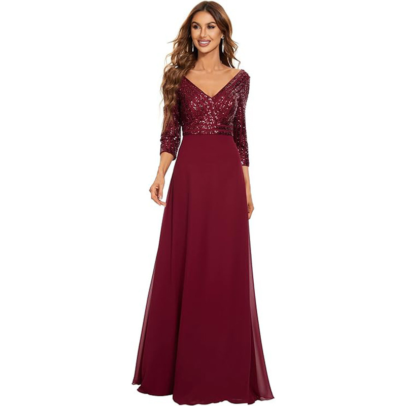 European and American Style Women's Dress 2026 New Fashion Plus Size Sexy Sequin Chiffon Patchwork V-Neck Mid-Sleeve Cocktail Evening Dress