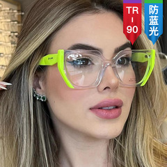 ヨーロッパとアメリカのカラーブロックキャットアイレディース抗青色光メガネフレームクロスボーダーINSファッションストリート写真レトロインターネットセレブフラットミラートレンド
