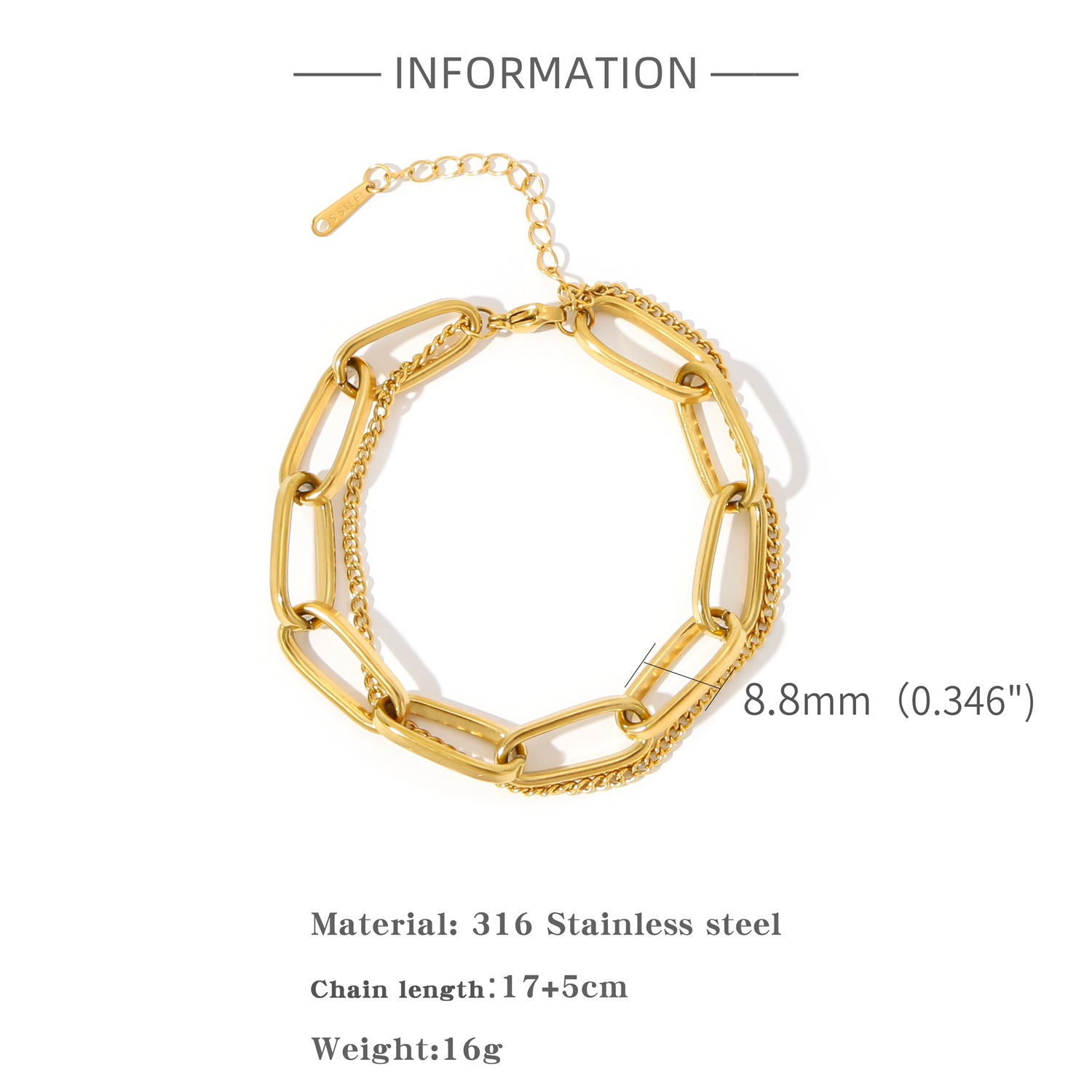 20g Weight 0.08µm Minimum Gold Plating Thickness PVD Coated Gold Plating Process Real Gold Plated Geometric 316 Stainless Steel Streetwear Waterproof Non Tarnish 316 Stainless Steel Chain Bracelet
