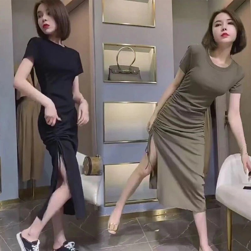 2026 Summer Elastic Slim Fit Ruched Tie Side Slit Mid-Length Dress Women's Short Sleeve T-Shirt Drawstring Long Dress