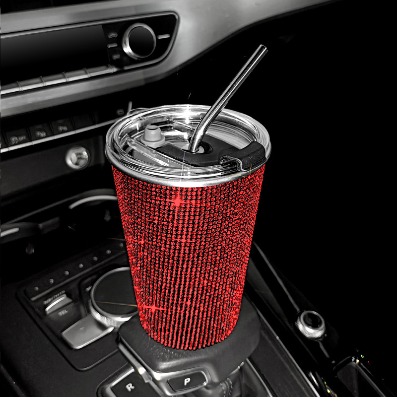 Bling flash rhinestone pegado diamante 550ml taza de bebida incrustada en el diamante taza de café de paja de acero inoxidable recta adelgazamiento