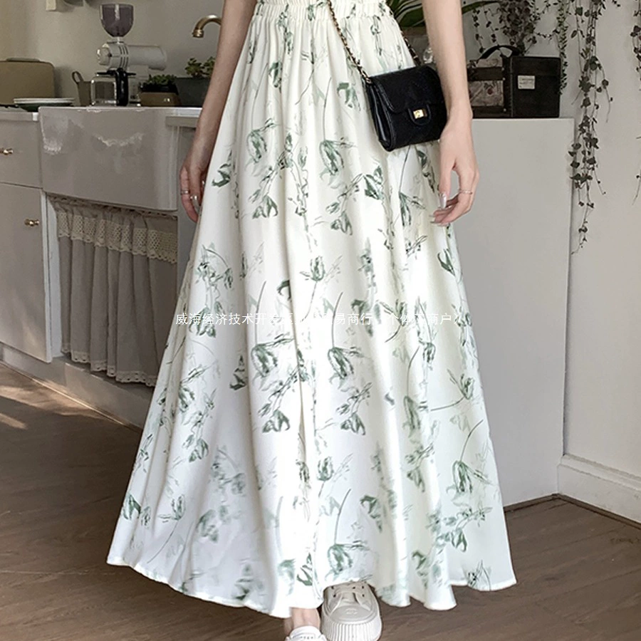 Шифоновая юбка средней длины для женщин, лето 2025, новый стиль, закрывающая расстояние, элегантная юбка-зонтик с большим подолом, юбка трапециевидной формы с высокой талией и цветочным принтом
