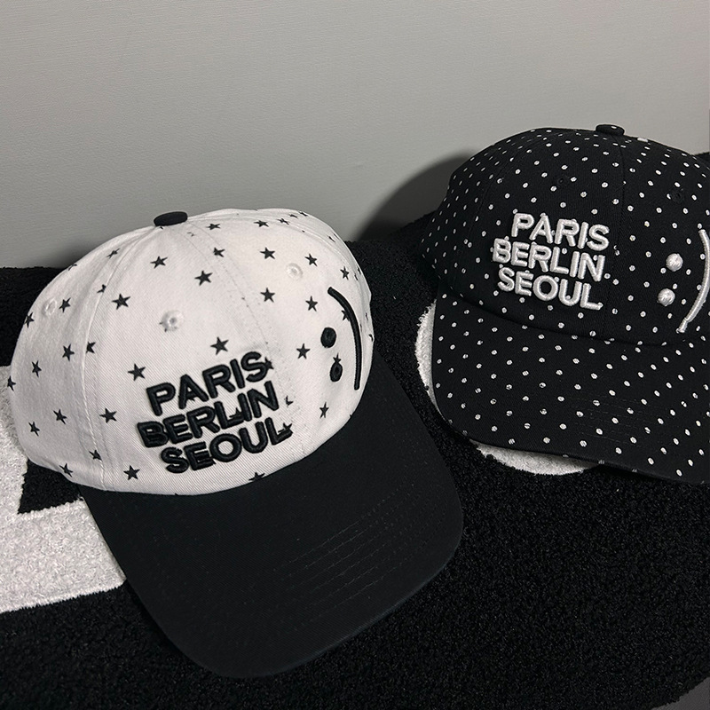South Korea Niche Smiling Face Dot Star Letter Baseball Cap Women's Deepened Big Head Circumference Casual All-match Cap Men's Fashion