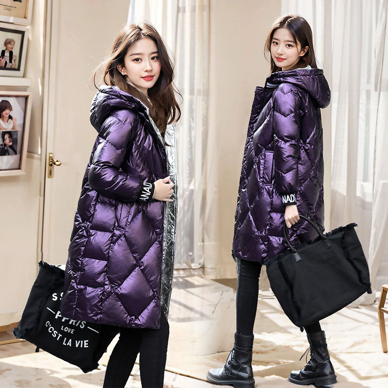 2025羽绒服女中长款时尚个性拼字母针织亮面免洗防风保暖高端