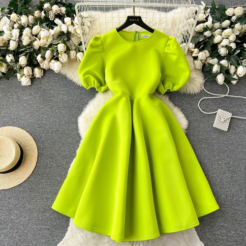 French style round neck puff sleeves waist dress women's summer slimming long puffy dress