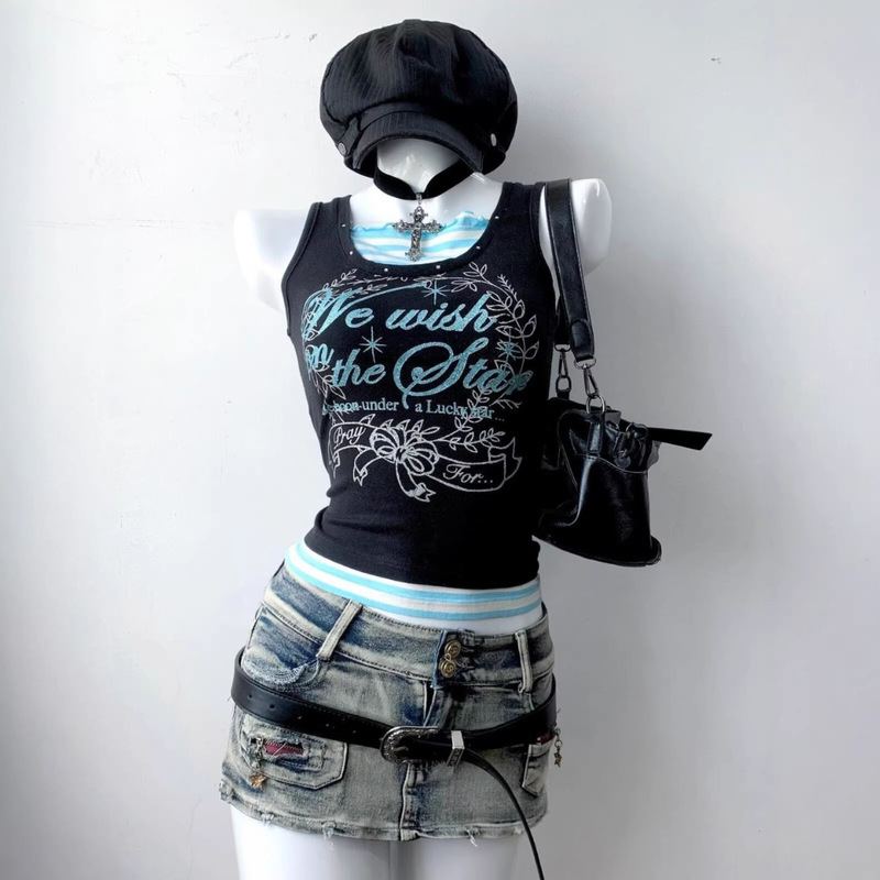 Summer Women's New Fashion Y2K Millennium Retro Punk Style European and American Hot Girl Slim-Fit Printed Fake Two-Piece Tank Top Summer Women's New Fashion Y2K Millennium Retro Punk Style European and American Hot Girl Slim-Fit Printed Fake Two-Piece Tank Top