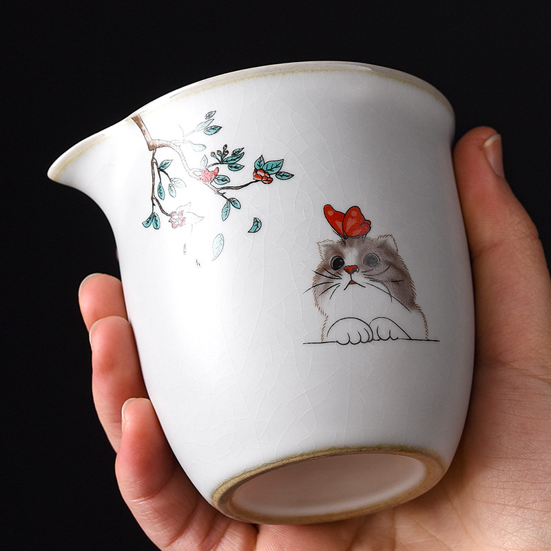 汝窯貓咪公道杯茶漏套裝過濾網陶瓷濾茶器茶隔一體茶濾勻杯分茶器