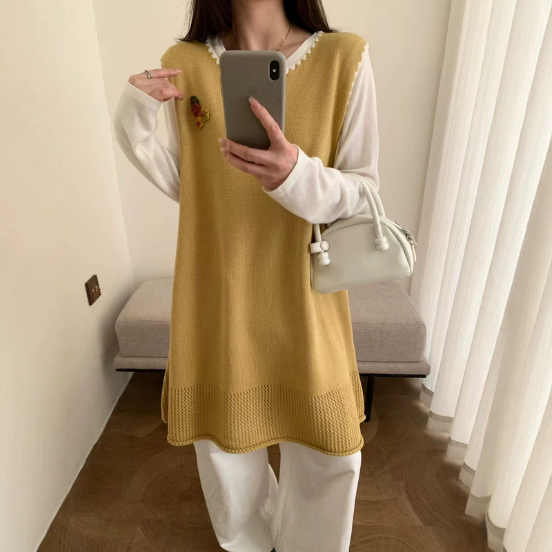 Round-neck solid color mid-length knitted vest jacket for women, autumn plus-size women's clothing, maternity wear, top, autumn and winter sweater Round-neck solid color mid-length knitted vest jacket for women, autumn plus-size women's clothing, maternity wear, top, autumn and winter sweater