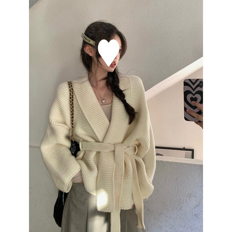 French style high-grade V-neck lace-up cardigan sweater loose lazy style knitted coat autumn and winter bathrobe style outer wear French style high-grade V-neck lace-up cardigan sweater loose lazy style knitted coat autumn and winter bathrobe style outer wear