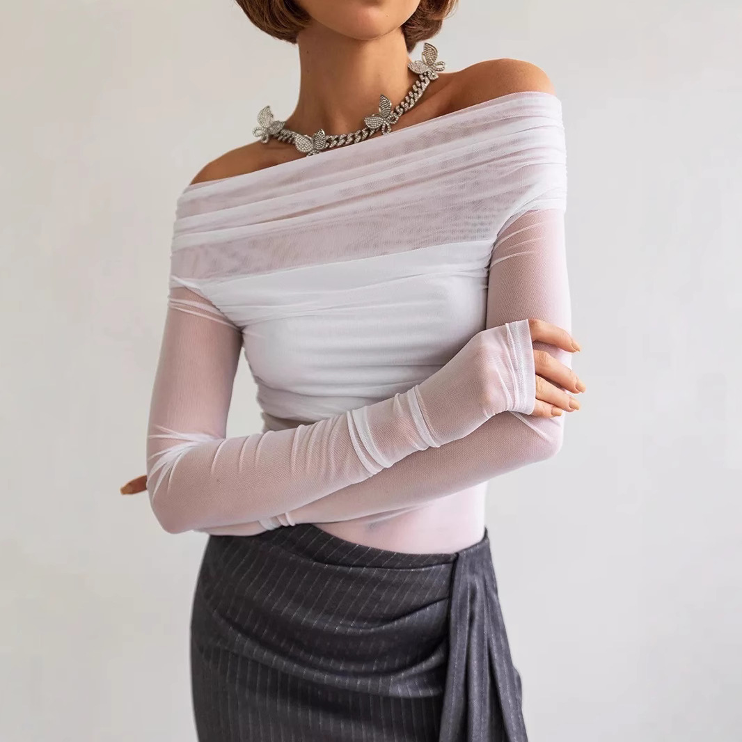 Comercio exterior al por mayor Amazon ropa de mujer europea y americana otoño e invierno nuevos productos con cuello de una línea sexy transparente malla costura camiseta de manga larga image 5