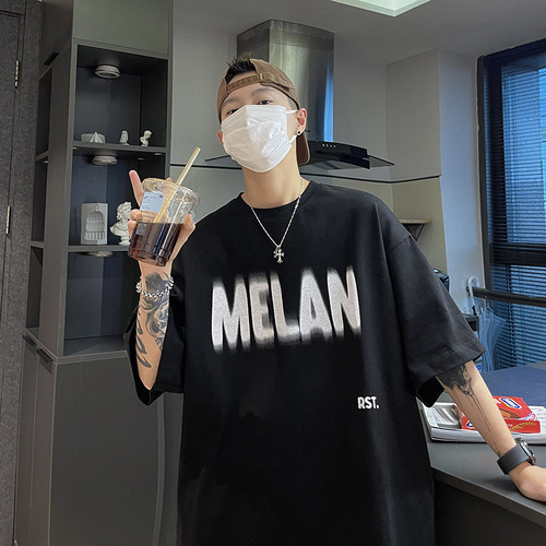 Men's Short Sleeve T-Shirt with Hong Kong Style Print, Round Neck, Hong Kong Style, Simple and Versatile, Trendy Brand, 5/8 Sleeve Top