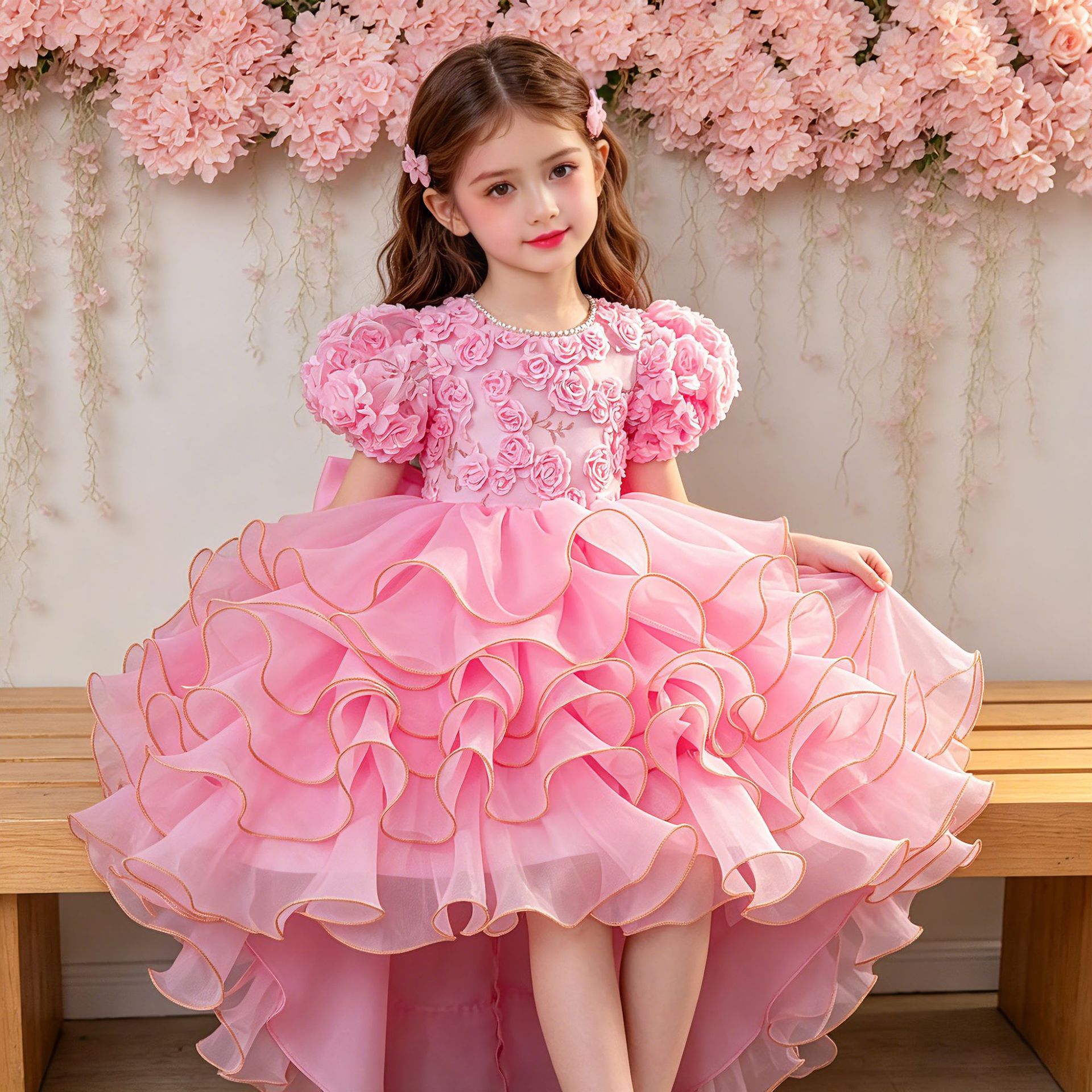 Vestido infantil europeo y americano burbuja mangas bordadas pastel de cola vestido princesa vestido de fiesta de cumpleaños vestido de flores en stock 8633