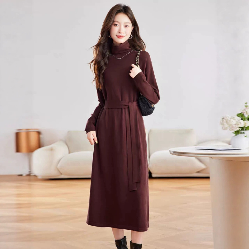 New style lace-up sweater for women, autumn and winter extra-long sweater dress, high-neck base shirt, loose plus-size dress