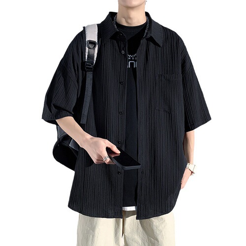 Men's summer thin short-sleeve pure color casual hip-hop cool five-point collared shirt, perfect for summer outerwear