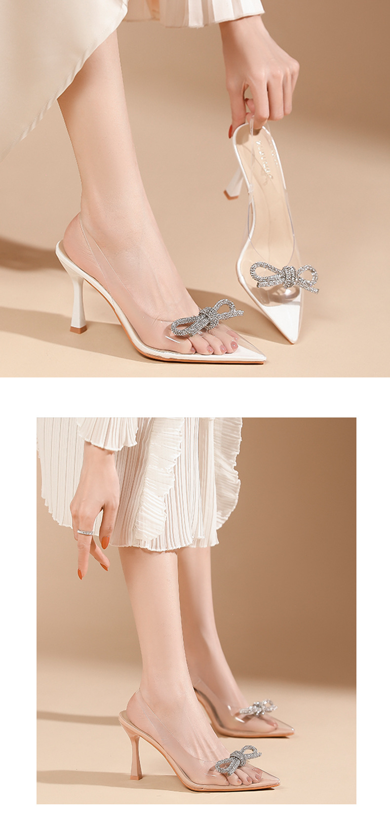 Sandal cao gót nữ mũi nhọn trong suốt gót 8 cm nơ đính đá — Trắng kem-8cm chi tiết 7
