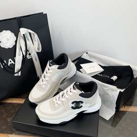 小香风经典黑白熊猫网格厚底运动鞋老爹鞋女真皮软底休闲鞋女款