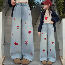 女童绣花牛仔裤春秋2026新款韩系中大童女孩洋气直筒宽松百搭长裤