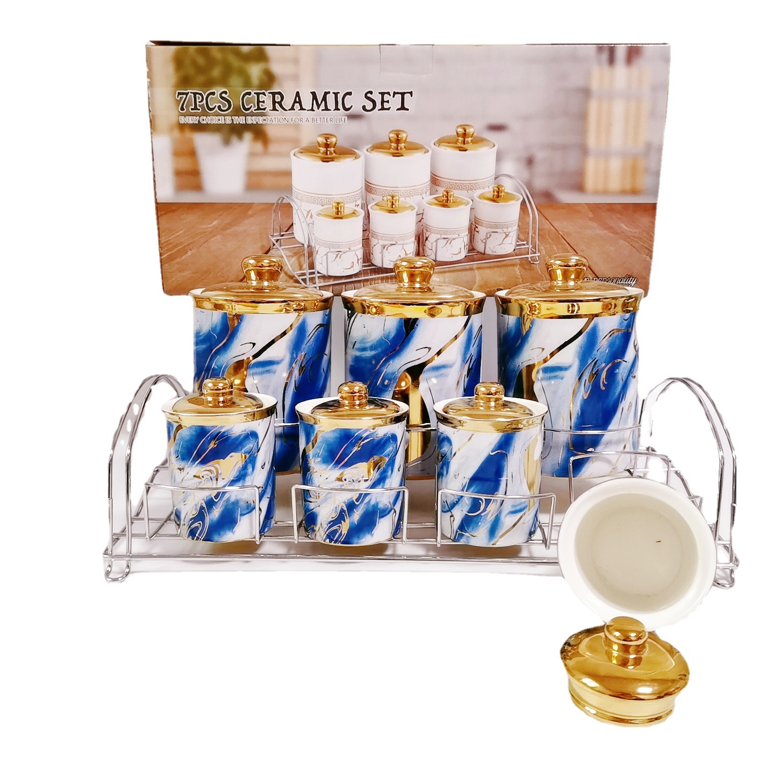 Cocina cerámica condimento tarro sellado con marco de hierro galvanoplastia calcomanías condimento tarro de café tarro de almacenamiento tarro traje