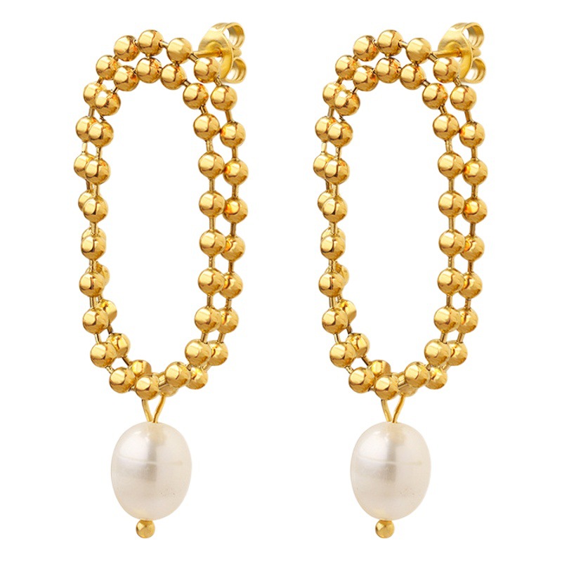 Japonés y coreano moda elegante perla de agua dulce suave Cadena de cuentas de doble capa pendientes hembra material de acero de titanio