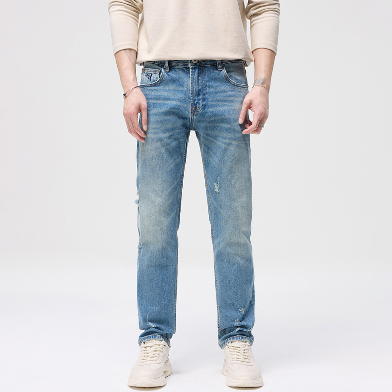 2025 Autumn and Winter New Light Blue Modified Straight Versatile Trousers Ripped Stretch Jeans for Men