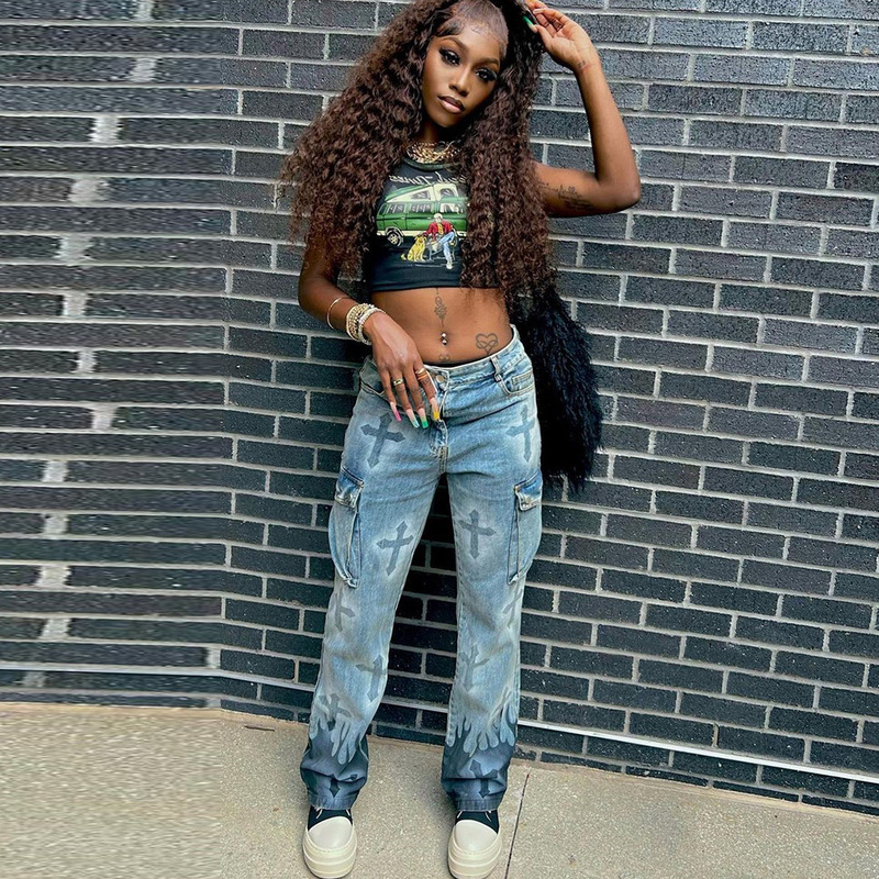 9122Pd Nazada Spring New Export Amazon Sexy Multi-Flap Pocket Pants Cross Glue Personalized Washed Jeans