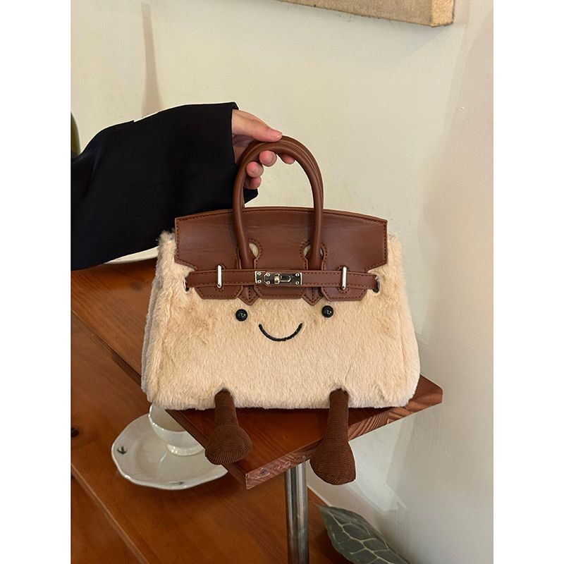 Cute Cartoon Plush Kelly Bag for Women Autumn and Winter New Style Stitching Handbag High-End Commuter Shoulder Crossbody Bag