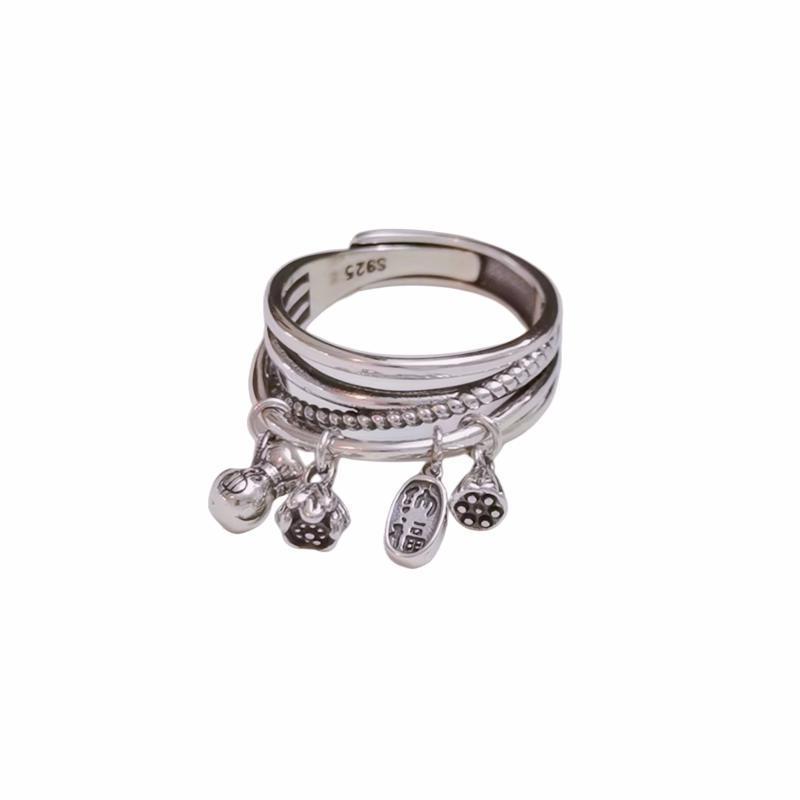 (2개) 골동품 중국 스타일 실버 머니 백 연꽃 캐노피 나푸 4 펜던트 라이브 입 색인 핑거 링 레트로 링 여성용