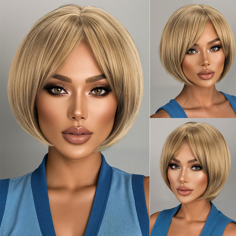 Cross-Border European and American Women's Wig with Oblique Bangs, Golden Fluffy Short Straight Wig, Bob Head, High Temperature Silk Chemical Fiber Hair Cover
