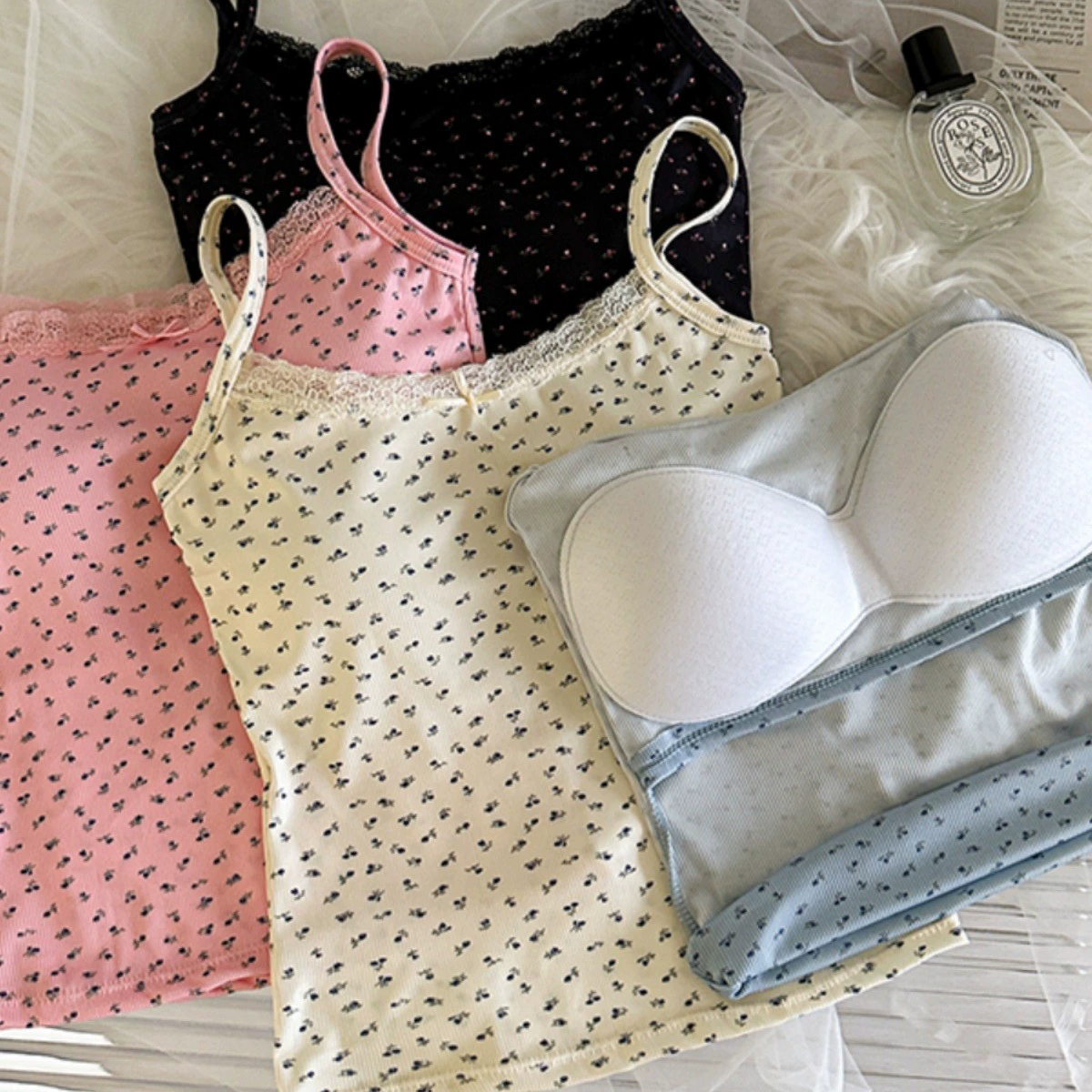 Кружевной летний топ-майка, женский с чашками, цветочный принт, plus size (подходит 80–120 цзинь)