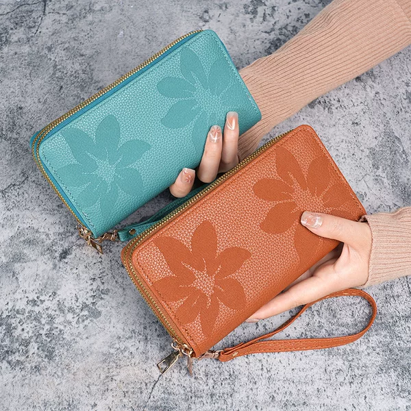 Women's Double Zipper Wallet Long Large Capacity 2025 New National Trend Embossed Clutch Bag Mobile Phone Bag Card Holder Wholesale