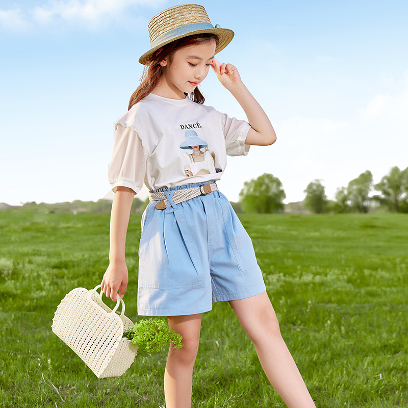 girl Short sleeved suit Western style 2021 new pattern CUHK summer shorts Two piece set girl 13 Girls of summer